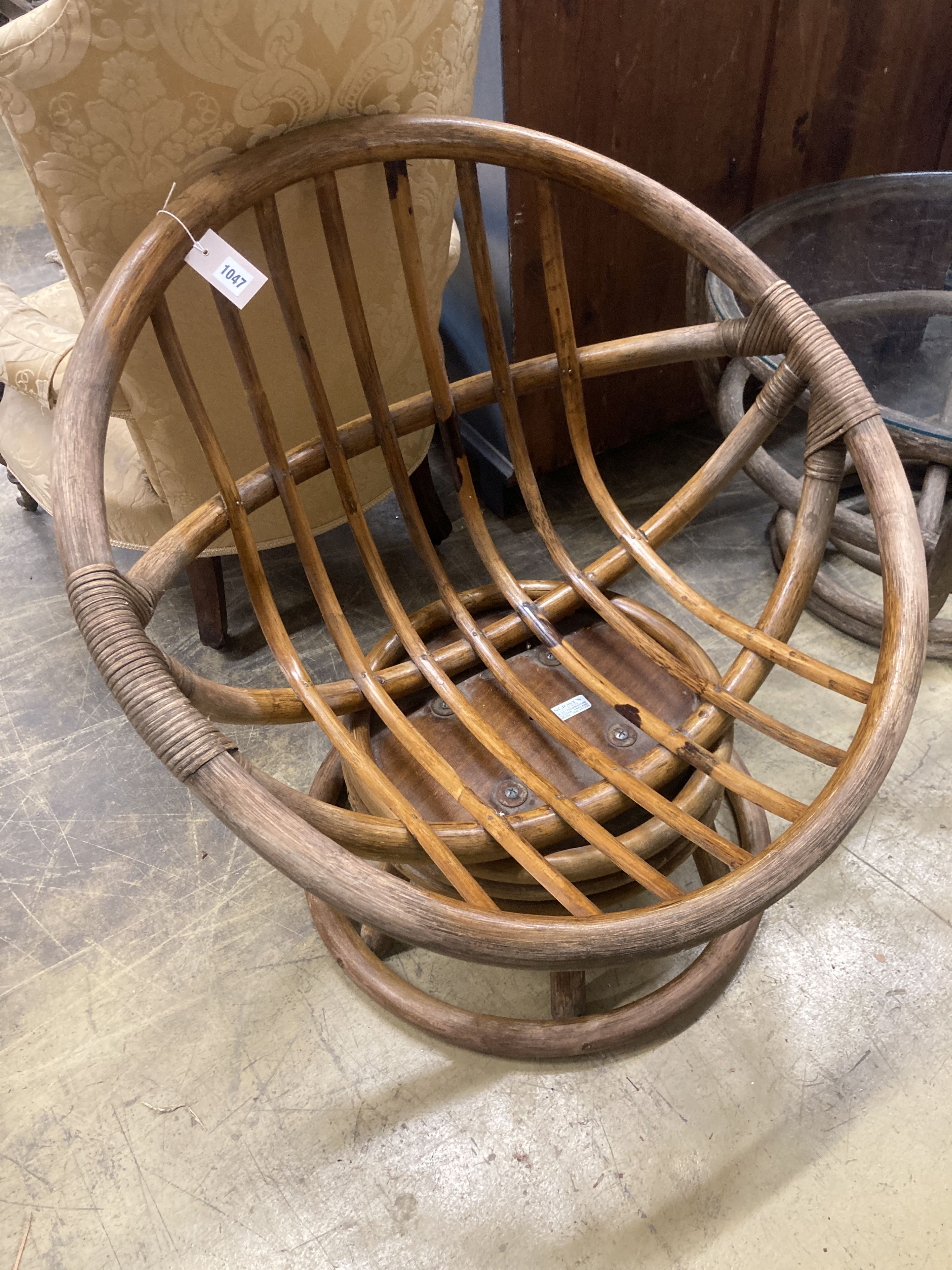 A pair of 1970's Angraves bamboo chairs and an occasional table, 76cm diameter